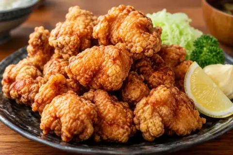 En tallrik med gyllene, krispiga karaage kycklingbitar, serverad med en citronklyfta, majonnäs och lite grönt.