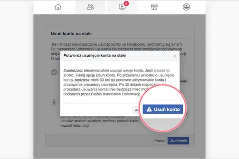 Potwierdzenie usunięcia konta na Facebooku. Kliknij "Usuń konto", aby dowiedzieć się, jak usunąć konto na FB.