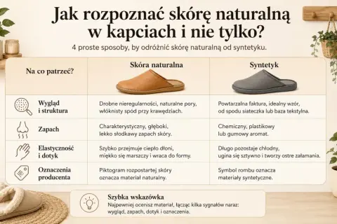 Tabela porównująca skórę naturalną i syntetyk w kapciach. Oznaczenia producenta pomagają rozpoznać materiał.