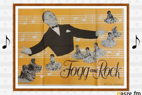 Artysta i tancerki na tle nut. Plakat zapowiada "Fogg and Rock", być może piosenki Fogga alfabetycznie.