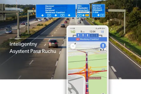 Nawigacja pokazuje wyznaczanie trasy z pominięciem dróg płatnych, prowadząc przez autostradę A5 do Frankfurtu.