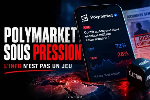 Polymarket sous pression : une application de prédiction face à la **fraude entreprise**. Un dé à six faces avec "Guerre", "Élection", "Attentat" symbolise les enjeux.