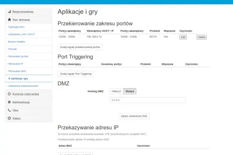 Ustawienia bramki DOCSIS 3.0: przekierowanie portów, Port Triggering, DMZ i przekazywanie IP. Widok panelu administracyjnego, przypominający interfejs technicolor cga2121.