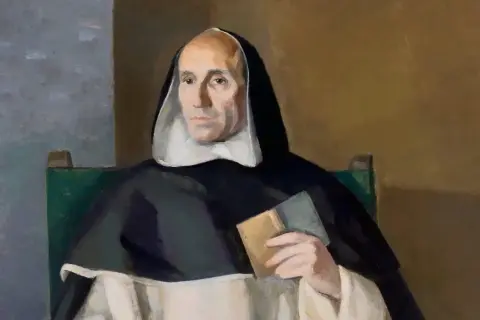 Retrato de Francisco de Vitoria, fraile dominico, con hábito y libro en mano.