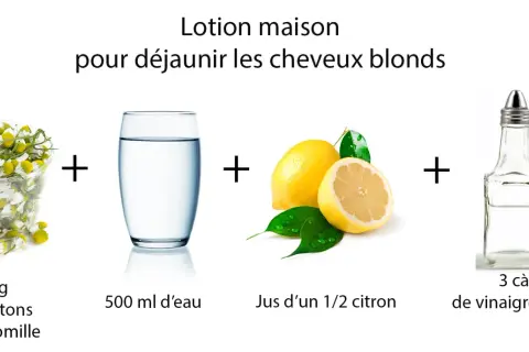 Lotion maison pour déjaunir les cheveux blonds : camomille, eau, citron, vinaigre. Idéal pour les soins cheveux décolorés maison.