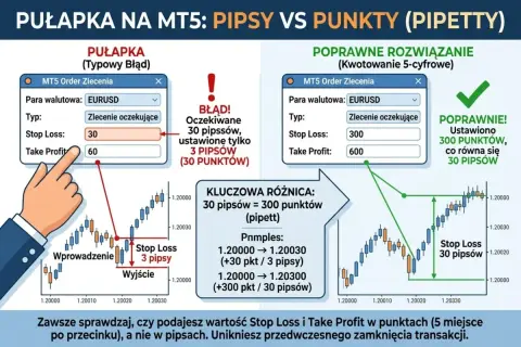 Błąd w MT5: 3 pipsy zamiast 30. Prawidłowe ustawienie Stop Loss i Take Profit w punktach, by uniknąć przedwczesnego zamknięcia transakcji.