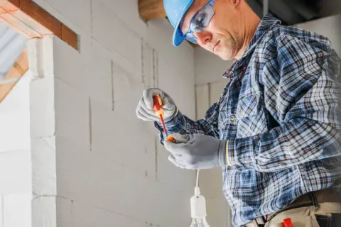 Elektryk w kasku i okularach ochronnych montuje oprawkę żarówki przy użyciu śrubokręta.