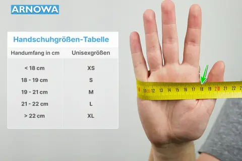 So misst man die Handschuhgröße: Ein Maßband zeigt den Handumfang in cm. Die Tabelle ordnet ihn Unisexgrößen zu.