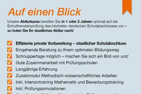 Mit unseren Abiturkursen können Sie Ihr staatliches Abitur nachholen. Effiziente Vorbereitung, Beratung & Erfahrung für Ihren Erfolg.