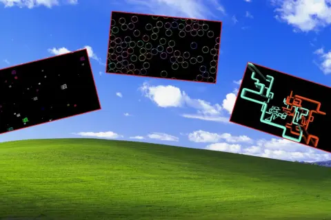 Wygaszacz ekranu Windows 11 z bańkami, ikonami i rurkami na tle zielonego wzgórza i błękitnego nieba.