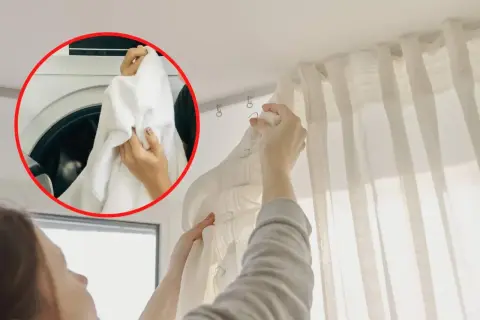 Pranie firanek to czysta przyjemność. Wkładanie świeżo wypranych firanek na karnisz.