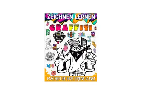 Bunte Graffiti-Illustrationen mit einer zentralen Figur, die Sprühdosen hält.