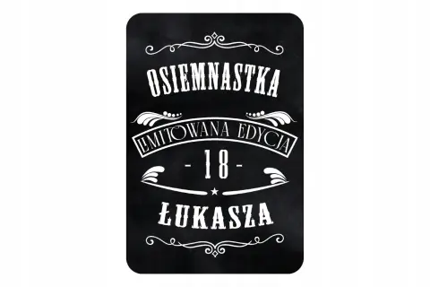Czarna naklejka z napisem "Osiemnastka", "Limitowana Edycja", "18" i "Łukasza". Idealna na 18 urodziny!