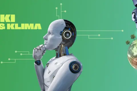 Ein nachdenklicher Roboter blickt auf die Erde, während ein Roboterfinger auf sie zeigt. KI & Klima: die Welt in der Zukunft.
