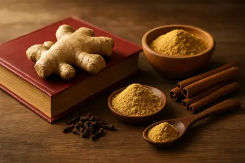 Gingembre frais, en poudre, cannelle et clous de girofle sur un livre rouge. Découvrez comment consommer le gingembre pour ses bienfaits.