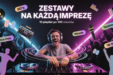 DJ miksuje najlepszą muzykę elektroniczną na imprezę. W tle tańczący ludzie i neony.