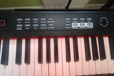 Czarno-białe klawisze cyfrowego pianina. Zastanawiasz się, ile klawiszy ma pianino? Ten model ma ich 61.