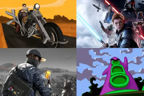Cztery sceny z gier: motocyklista na pustyni, postacie z Gwiezdnych Wojen, haker w San Francisco i fioletowa ośmiornica. Idealne dla graczy Xbox, szukających przygody.