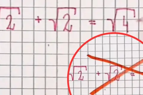 Błąd w obliczeniach: √2 + √2 ≠ √4. Pokazano poprawne wzory na pierwiastki.