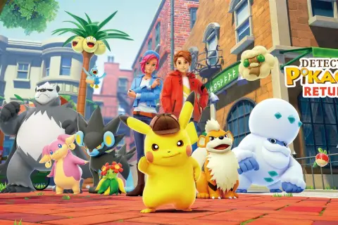 Pikachu i jego przyjaciele w grze detektyw pikachu 2 przemierzają miasto. W tle logo gry.