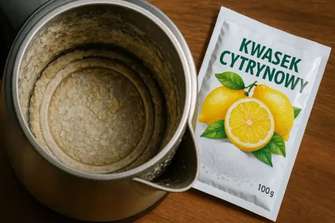 Zwapniony czajnik i opakowanie kwasku cytrynowego. Dowiedz się, jak odkamienić kwaskiem cytrynowym, by przywrócić mu blask.