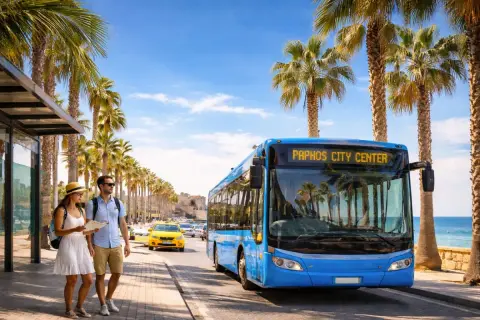 Para turystów na Cyprze czeka niebieski autobus miejski. Komunikacja miejska w Paphos ułatwia zwiedzanie.