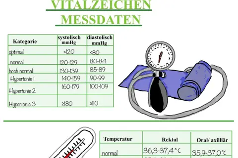 Tabellen zeigen vitale Zeichen normwerte für Blutdruck und Temperatur. Ein Blutdruckmessgerät ist abgebildet.