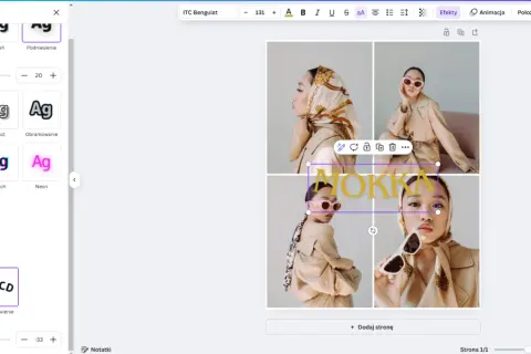 Edytor graficzny, gdzie można tworzyć projekty, np. plakaty. Widoczne opcje efektów tekstowych, jak "Glitch" czy "Neon", pokazują, co to Canva.