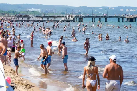 Tłum ludzi kąpiących się w Bałtyku przy słonecznej pogodzie, w tle molo.