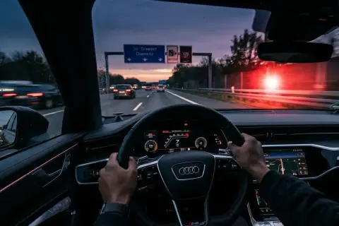 Fahrt auf der Autobahn bei Dämmerung, Hände am Lenkrad eines Audi. Verkehrsschilder zeigen Richtung Dresden/Chemnitz. 132 bkat.