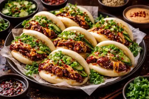 En tallrik med fluffiga bao buns fyllda med kött, gurka och toppade med salladslök. Ett perfekt bao buns recept för en smakrik måltid.