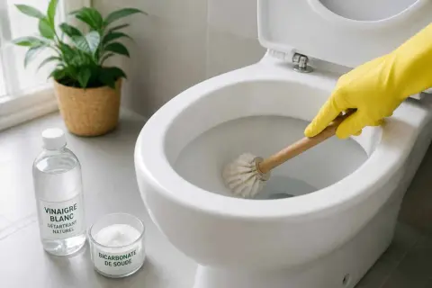 Nettoyage des toilettes avec du vinaigre blanc et du bicarbonate de soude. L'acide citrique est un excellent détartrant naturel pour les WC.