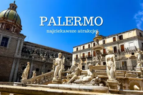 Fontanna Pretoria w Palermo, stolicy Sycylii, z rzeźbami i kopułą Palazzo dei Normanni w tle.