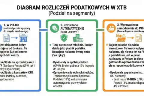 Diagram pokazuje, czy XTB wystawia PIT. Rozliczenia są automatyczne lub wymagają samodzielnego wprowadzenia danych do PIT-38.
