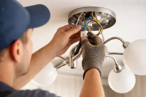 Instrukcja montażu lampy sufitowej: elektryk łączy przewody w kostce.