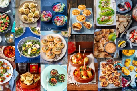 Kolorowe przekąski na urodziny: faszerowane papryczki, jajka faszerowane, tartaletki, krewetki, mini quiche, sałatki i wiele innych pyszności.