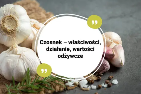 Czosnek – właściwości, działanie, wartości odżywcze. Kilka główek czosnku na tle jutowego worka i ciemnego blatu.