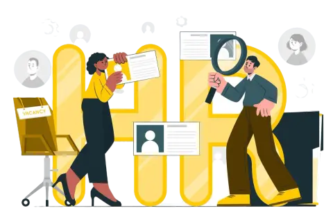 Persone esaminano curriculum per hr recruitment. Una sedia con cartello "Vacancy" è visibile.