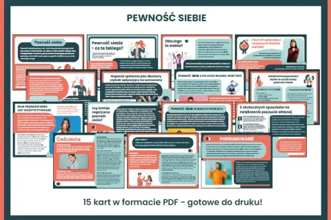 Jak być pewnym siebie w towarzystwie? Zestaw 15 kart PDF pomoże Ci budować pewność siebie i poczucie własnej wartości.