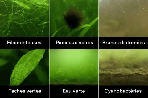 Aperçu de la liste des algues d'eau douce : filamenteuses, pinceaux noirs, brunes diatomées, taches vertes, eau verte et cyanobactéries.