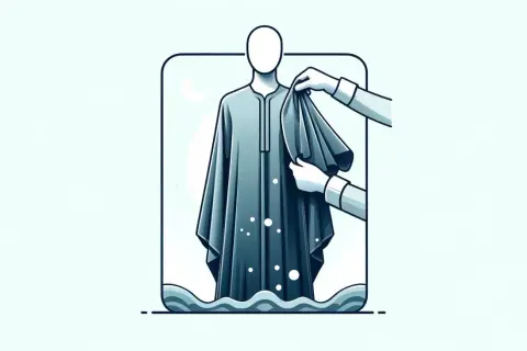 Hände falten ein elegantes, blaues Abendkleid, das auf einem Schaufensterpuppen steht. Unter dem Kleid sind Wellen angedeutet, die das Waschen symbolisieren.