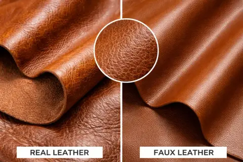 Confronto visivo: la differenza tra pelle ed ecopelle. La pelle vera mostra una grana irregolare e un aspetto vissuto, l'ecopelle una texture più uniforme.