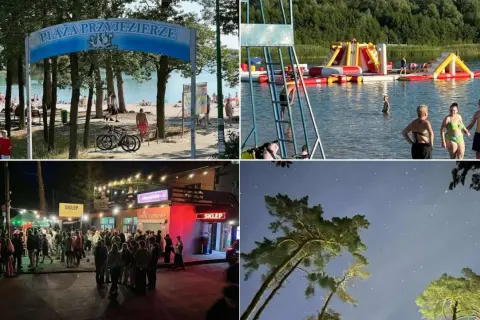 Plac zabaw na wodzie, plaża, nocne życie i nocne niebo nad lasem.