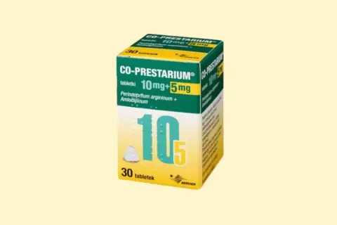 Opakowanie leku CO-PRESTARIUM 10mg+5mg, zawierające 30 tabletek. Pomaga w leczeniu nadciśnienia.
