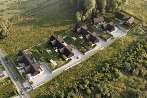 Nowoczesne domy z ciemnymi dachami i ogrodami, otoczone zielenią. Widok z lotu ptaka, jakby z **timelapse** pokazujący rozwój osiedla.