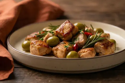 Delizioso spezzatino di pollo con olive verdi, rosmarino e peperoncino su un piatto rustico.