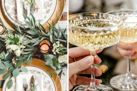 Enkel nyårsdukning med grönt bladverk, ljus och champagneglas.