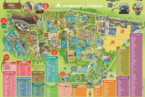 Mapa Energylandii z atrakcjami, strefami (Ekstremalna, Bajkolandia, Familijna, Sweet Valley, Water Park), punktami gastronomicznymi i sklepikami.
