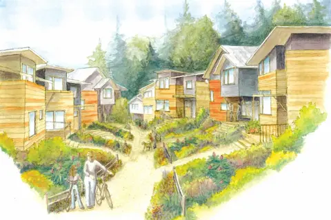 Esempi di cohousing: case moderne immerse nel verde, con sentieri e persone che passeggiano.