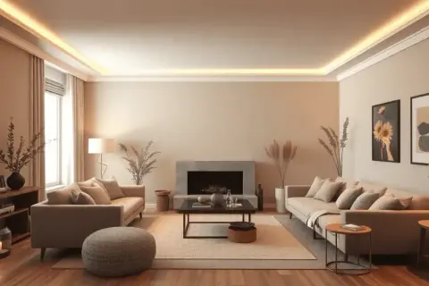 Salon cosy aux tons taupe et beige. Des canapés confortables, une cheminée moderne et des touches végétales créent une ambiance chaleureuse. Quelle couleur avec du taupe ? Le beige, le crème, et les tons terreux s'harmonisent parfaitement.